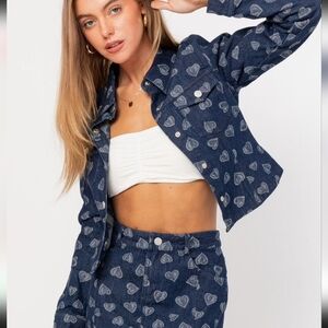 Le Lis Denim Jacket with White Heart Pattern